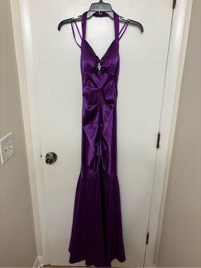 Y2K Caché Purple Satin Halter Gown Ruched Rhinestone Mermaid Maxi Dress Size 4